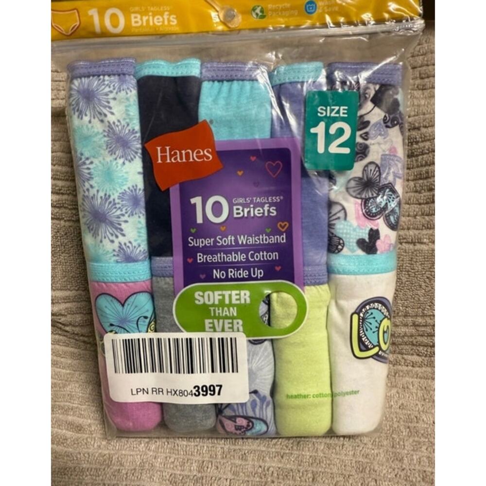 Hanes Girls/Toddler Underwear Cotton Knit Tagless Brief, Assorted  10 Pack Sz 12